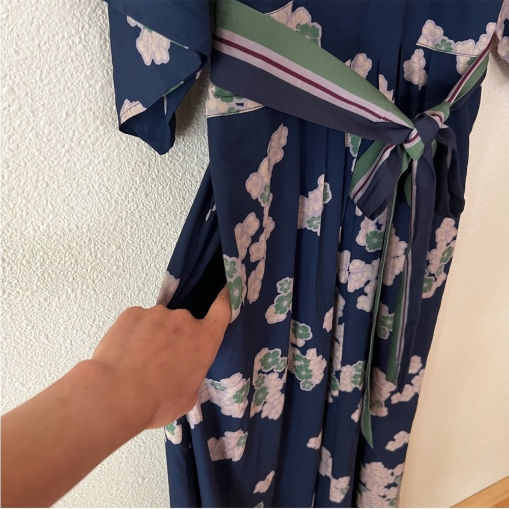 eshakti Navy Floral Maxi Dress with Green-Accent Waist Tie - Picture 2 of 3